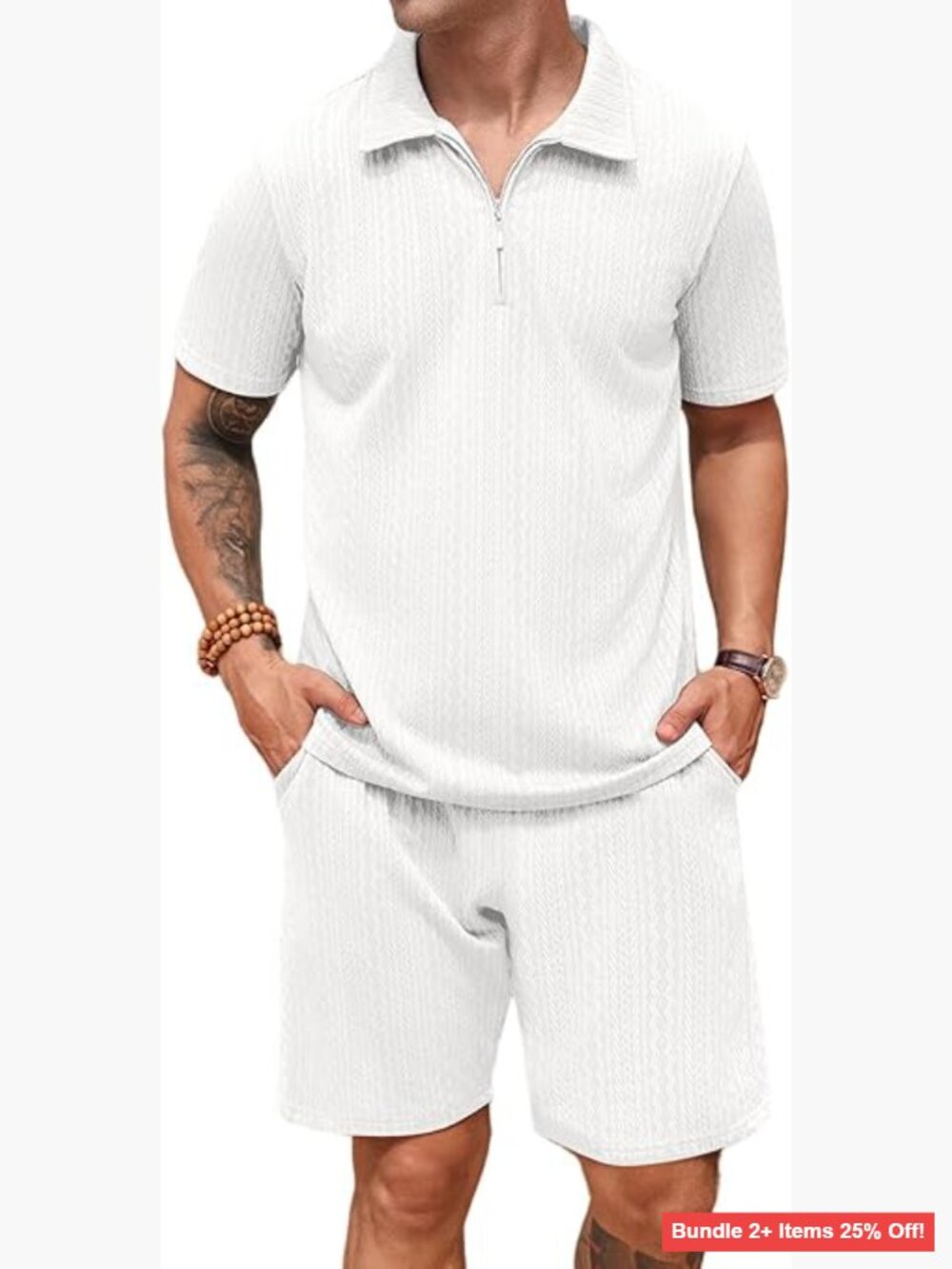 Men's Knit Polo Shorts Set 2 Piece Zipper Tracksuit Summer Casual
